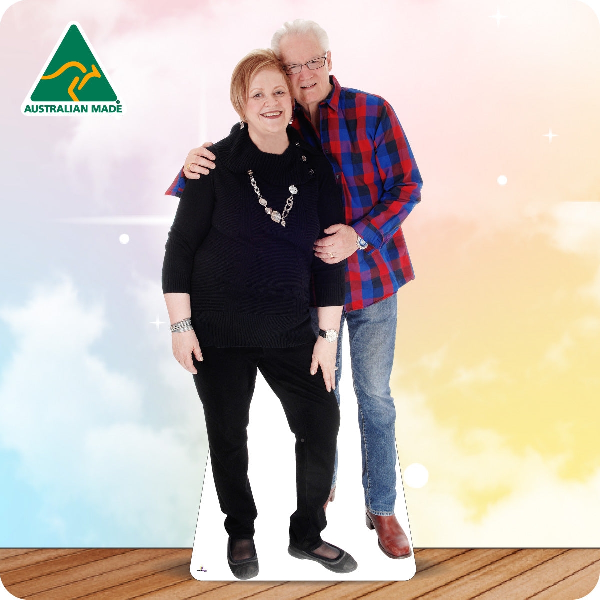 Cardboard cutout of a couple with 'Australian Made' logo in the corner