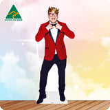Cardboard cutout of a person in a red suit with a crown on a colorful background, featuring 'Australian Made' logo.