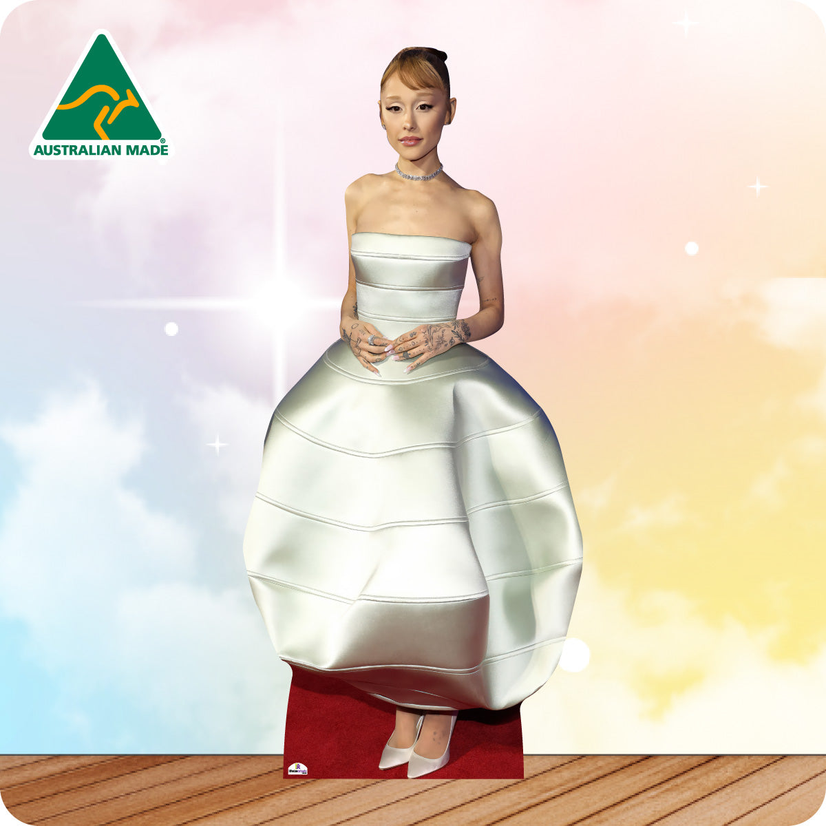 Cardboard standee of a woman in a white dress with 'Australian Made' logo in the corner.