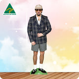 Person wearing a checkered blazer, shorts, and a cap with 'Australian Made' logo in the corner.