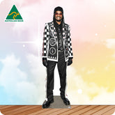 Cardboard cutout of a person wearing a checkered jacket with 'Australian Made' logo in the corner.