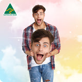 Person wearing a plaid shirt with a 'Made in Australia' logo on a colorful background