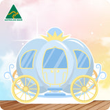 Cardboard cutout of a fairy tale blue carriage with 'Australian Made' logo on a gradient background