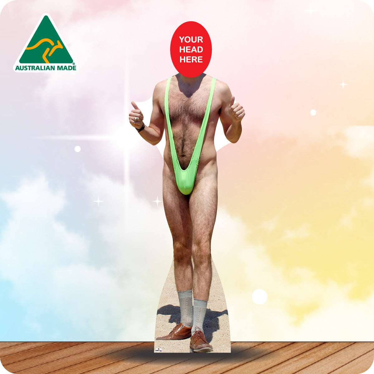 Cardboard cutout of a man wearing a green thong with 'Your Head Here' placeholder, Australian Made logo visible.