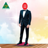 Cardboard standee of a person in a black suit with a red circle for a head, on a gradient background with 'Australian Made' logo.