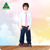 Cardboard cutout of a person wearing a white shirt, pink tie, and blue jeans on a colorful background with 'Australian Made' logo.