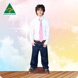 Cardboard cutout of a person wearing a white shirt, pink tie, and blue jeans on a colorful background with 'Australian Made' logo.