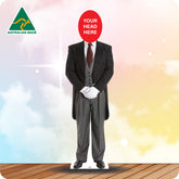 Cardboard standee of a man in a suit with a red placeholder for a head, on a colorful background with 'Australian Made' logo.
