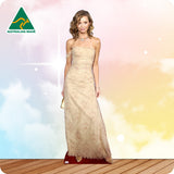 Cardboard standee of a woman in a beige evening gown with 'Australian Made' logo in the corner.