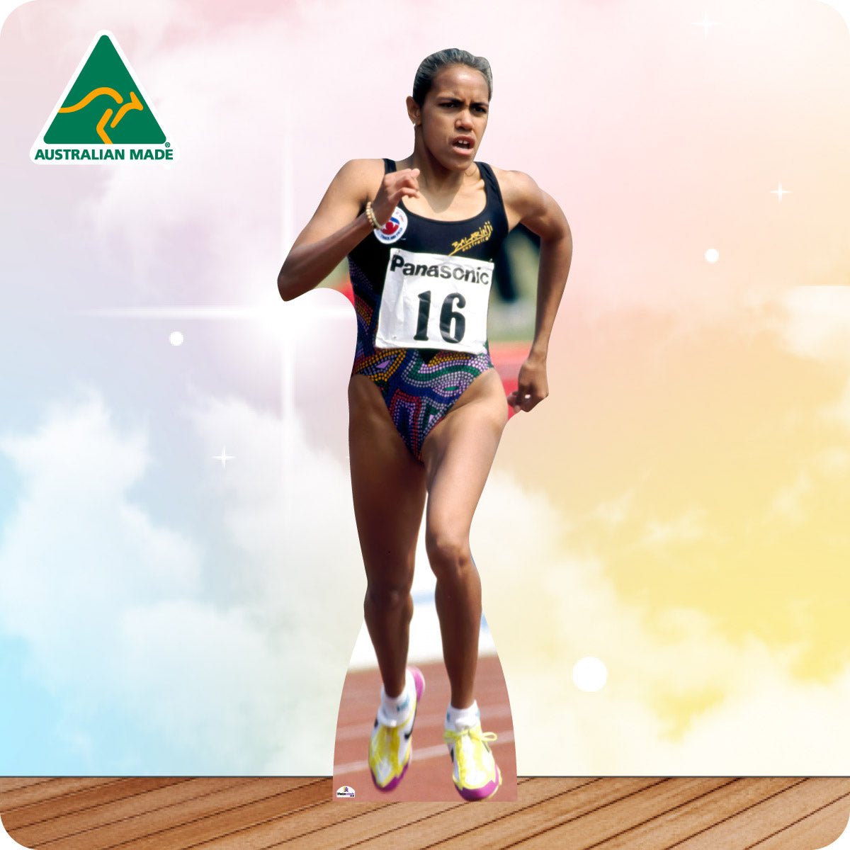 Athlete running on a track with 'Australian Made' logo in the corner