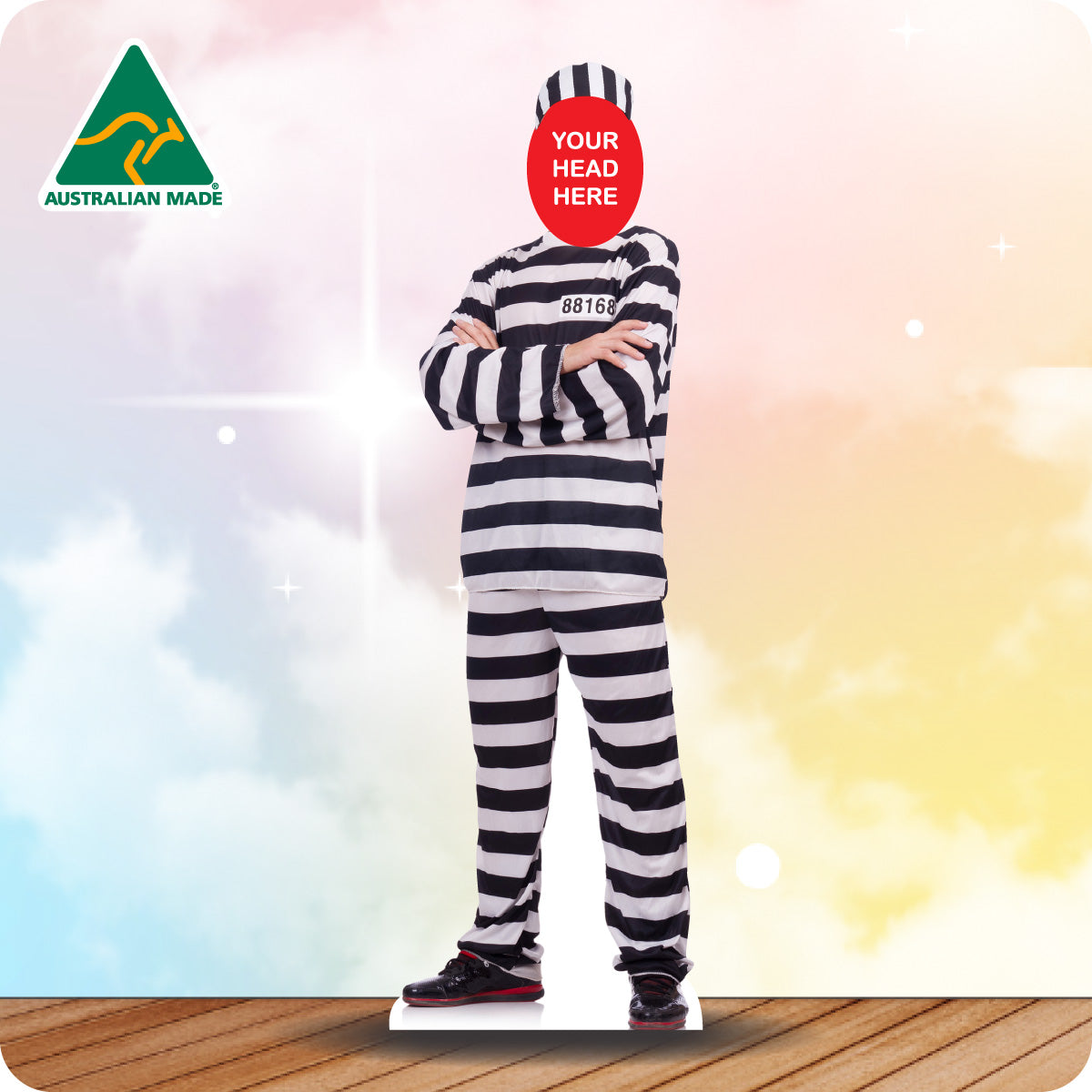 Cardboard cutout of a prisoner costume with 'Your Head Here' placeholder against a colorful background.