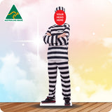 Cardboard cutout of a prisoner costume with 'Your Head Here' placeholder against a colorful background.