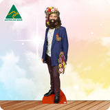 Cardboard cutout of a person in a blue suit with floral accessories on a colorful background, featuring 'Australian Made' branding.