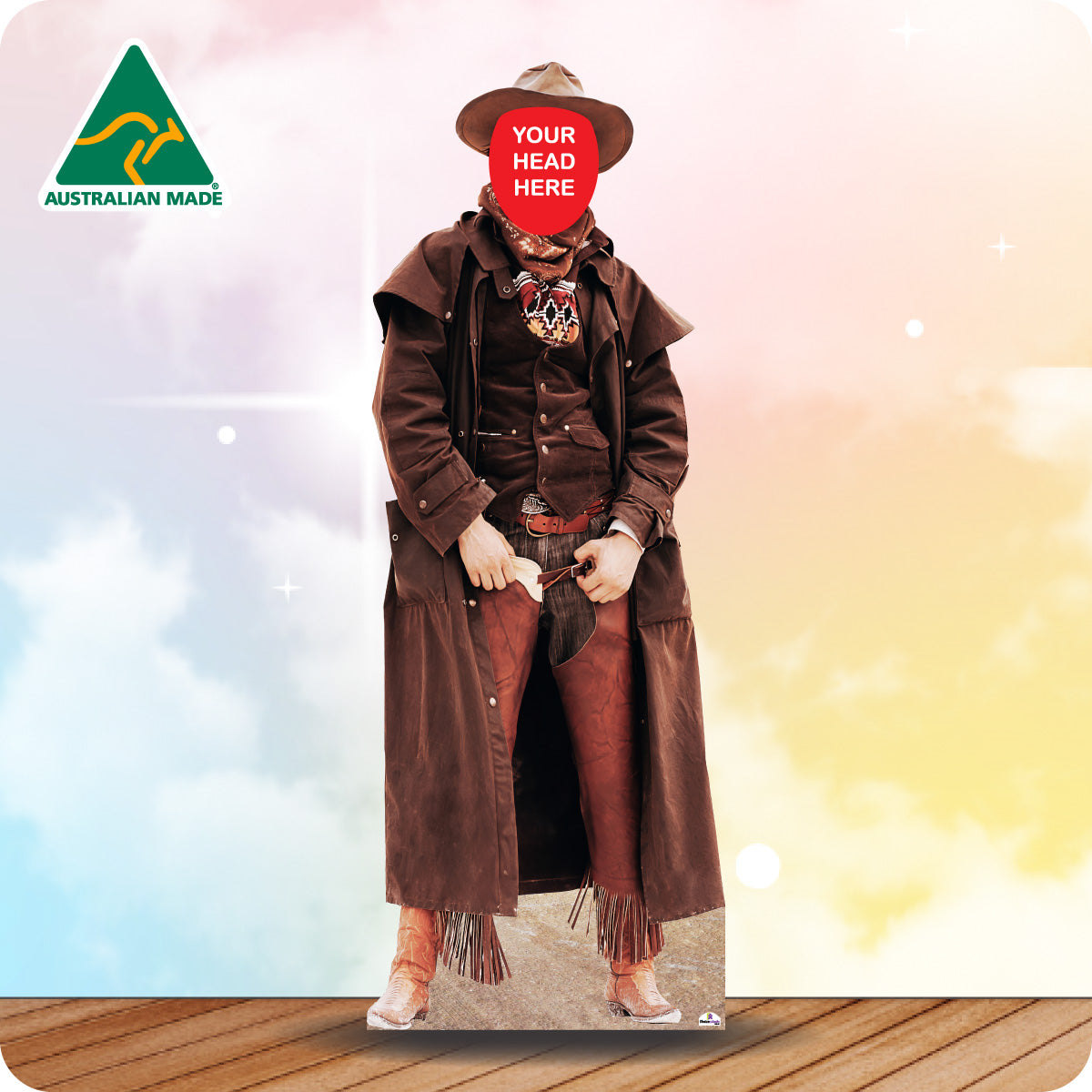 Cardboard cutout of a person in a brown coat and hat with 'Your Head Here' placeholder, Australian Made logo visible.