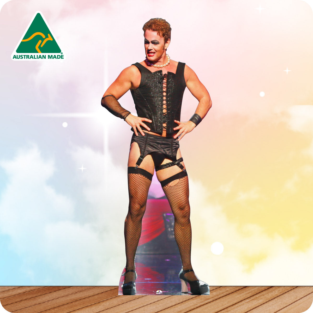 Person wearing a black corset and stockings with an 'Australian Made' logo in the corner.