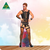 Person wearing a black corset and stockings with an 'Australian Made' logo in the corner.