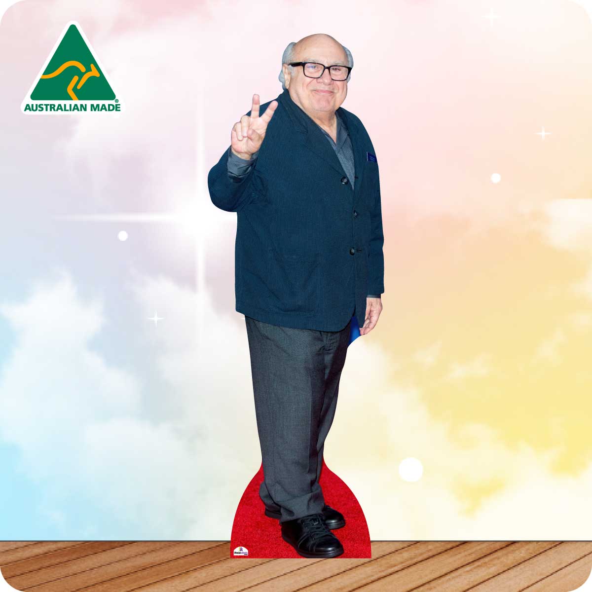 Cardboard cutout of a person in a blue jacket and glasses, with 'Australian Made' logo in the corner.