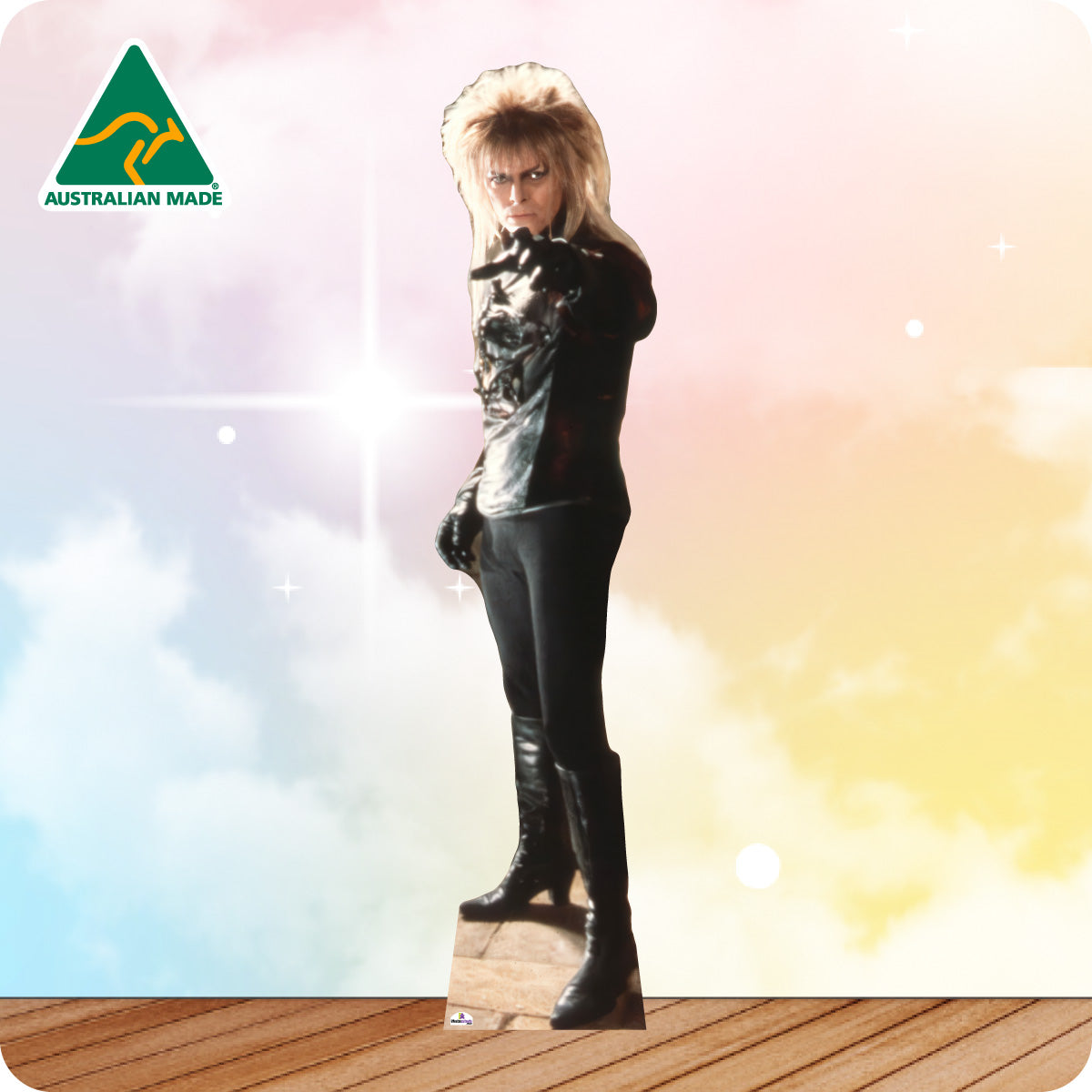 Cardboard cutout of a character in a metallic outfit with 'Australian Made' logo.