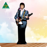 Cardboard cutout of a person in a blue suit playing a guitar with 'Australian Made' logo in the corner.