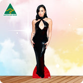 Cardboard cutout of a person in a black dress with 'Australian Made' logo in the corner.