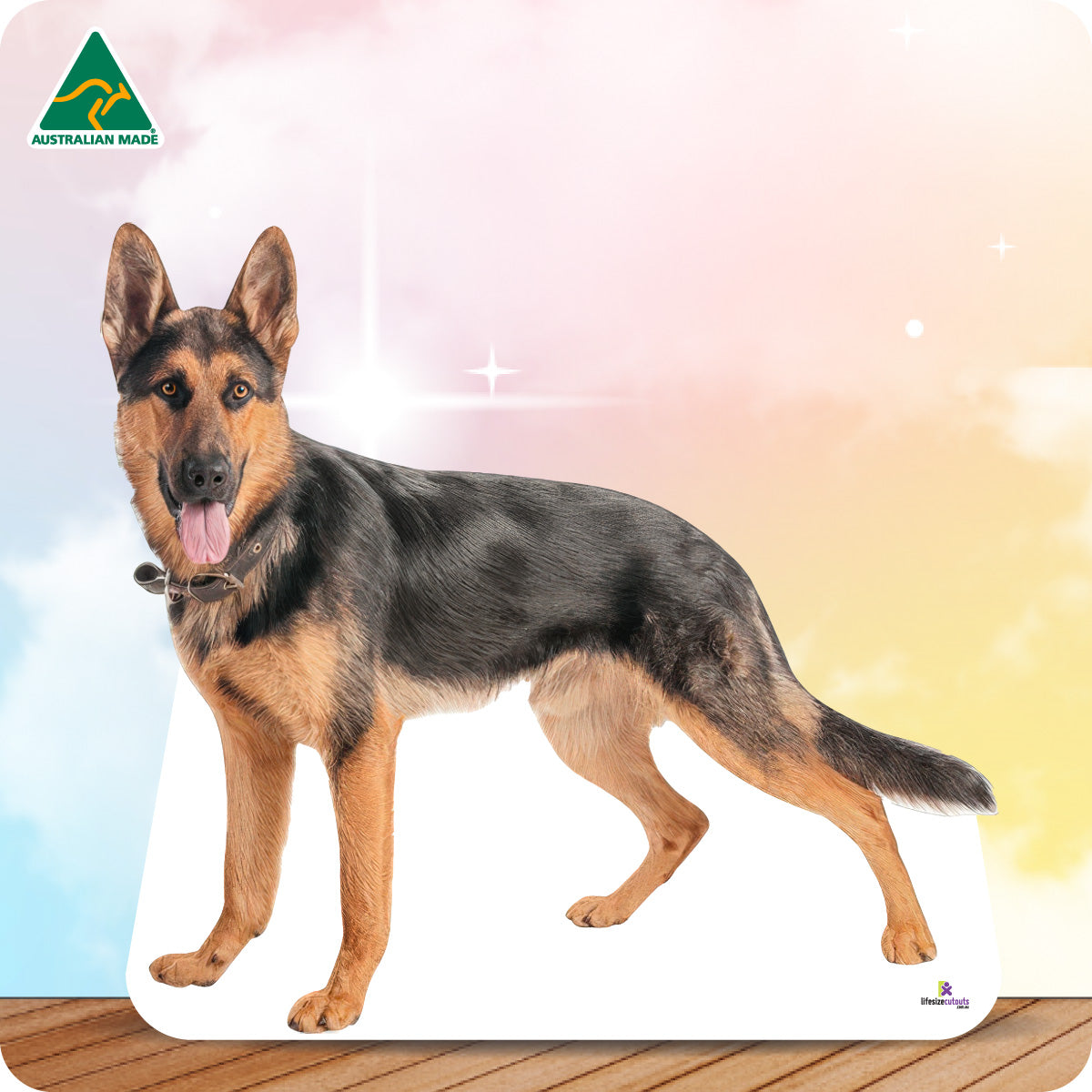 German Shepherd dog standing on a wooden deck with a gradient background