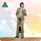 Man wearing beige jacket and pants on a colorful background with 'Australian Made' logo.