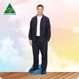 Cardboard cutout of a man wearing a navy blue outfit with 'Australian Made' logo in the corner.