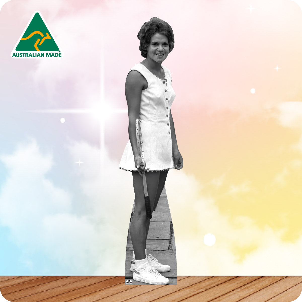 Person in vintage attire with 'Australian Made' logo on a colorful gradient background
