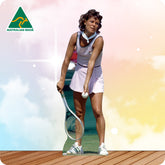 Woman playing tennis on a court with 'Australian Made' logo in the corner.
