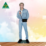 Person wearing a denim outfit with a colorful gradient background and 'Australian Made' logo.