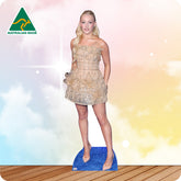 Cardboard cutout of a woman in a dress with 'Australian Made' logo on a colorful background