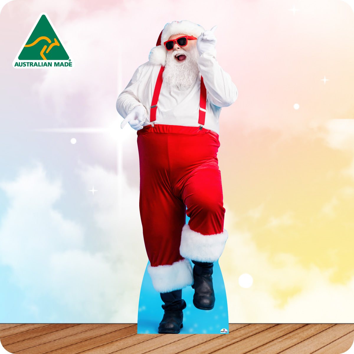 Cardboard cutout of a Santa Claus costume with sunglasses on a gradient background, featuring 'Australian Made' logo.