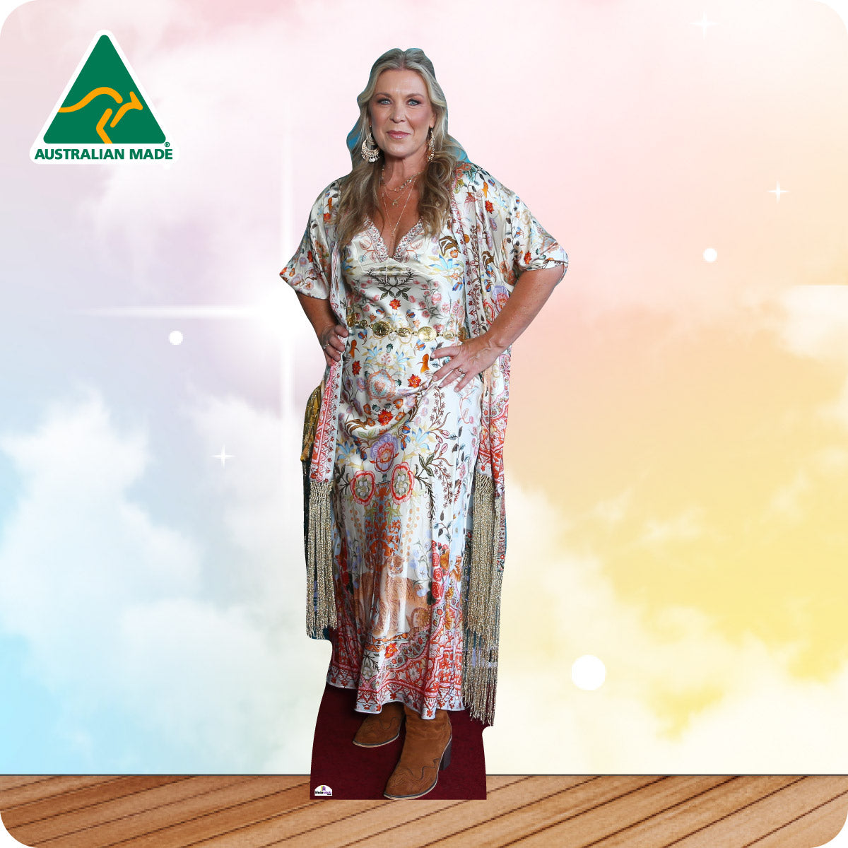 Woman wearing a floral dress with an 'Australian Made' logo in the corner.