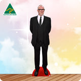 Cardboard cutout of a man in a suit with 'Australian Made' logo on a colorful background