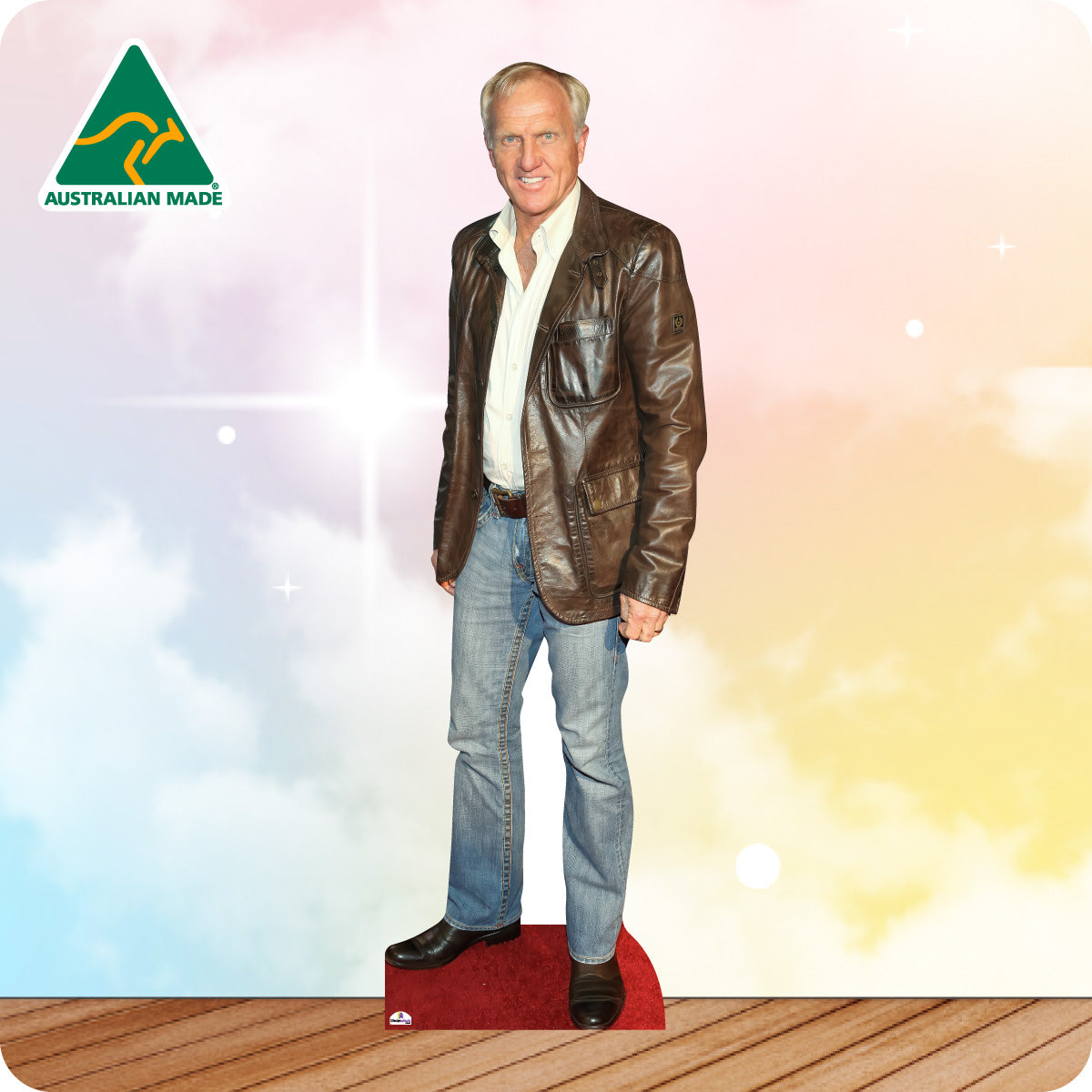 Cardboard cutout of a man wearing a brown leather jacket and blue jeans on a colorful background with 'Australian Made' logo.