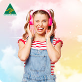 Young woman wearing pink headphones with a colorful background and Australian Made logo.