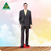 Mannequin wearing a suit with 'Australian Made' logo on a colorful background