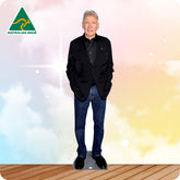 Cardboard cutout of a man standing on a wooden floor with a colorful gradient background and Australian Made logo.