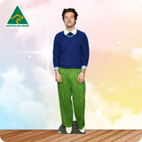 Person wearing a blue sweater and green pants with a colorful background and Australian Made logo.