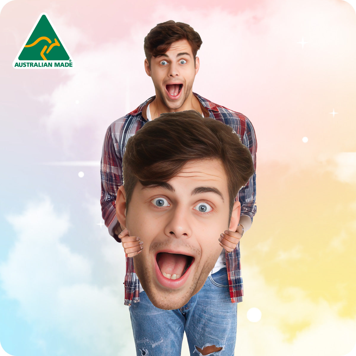 Person holding a large cutout of their own face with an Australian Made logo in the corner.