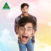 Person holding a large cutout of their own face with an Australian Made logo in the corner.