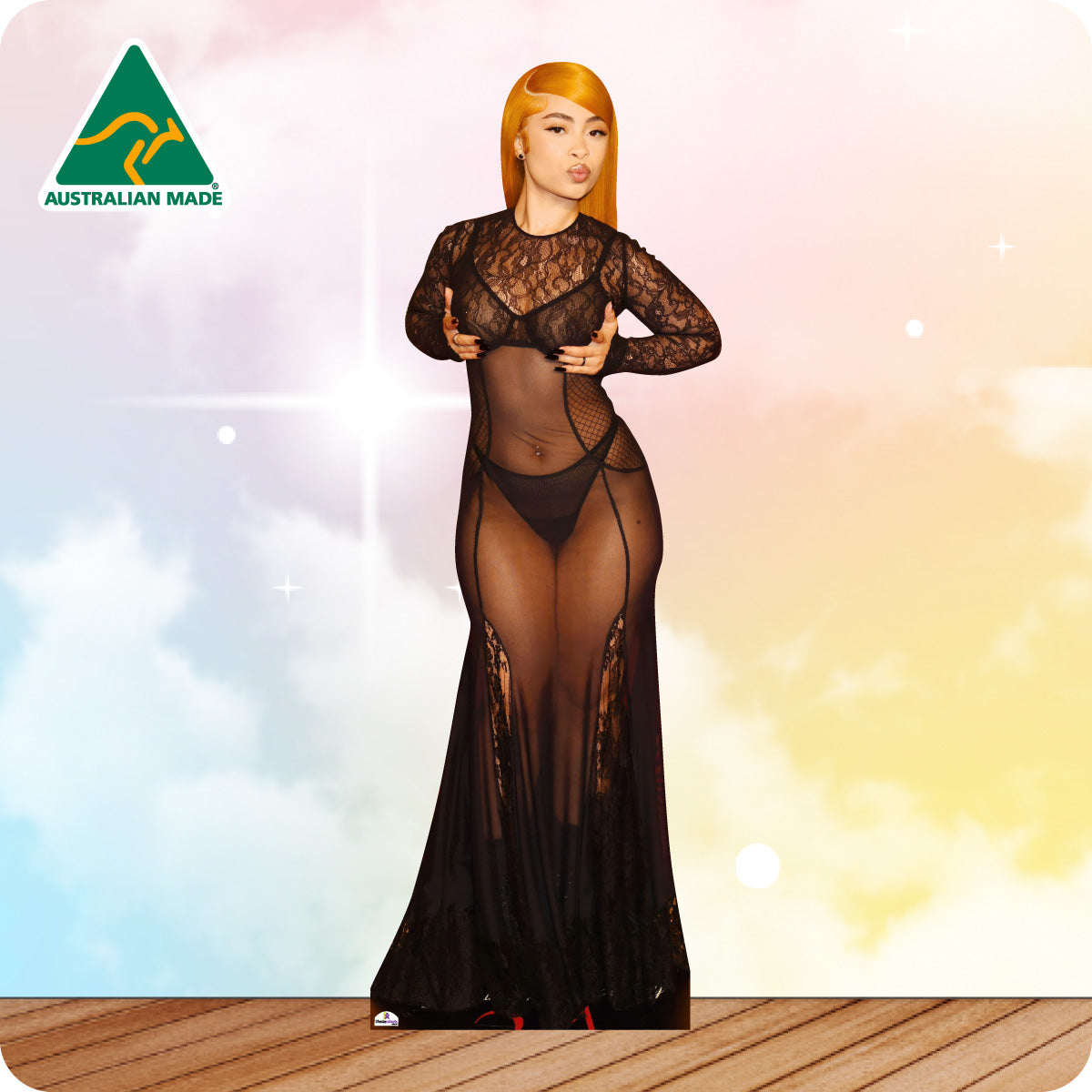 Model wearing a black lace bodysuit with 'Australian Made' logo in the corner.