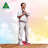 Cardboard standee of a man with 'Australian Made' logo on a colorful background