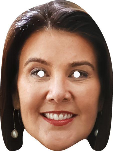Cardboard face mask of a smiling woman with cut-out eyes on a white background