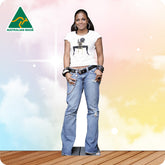 Woman wearing blue jeans and a white t-shirt with an Australian Made logo in the corner.