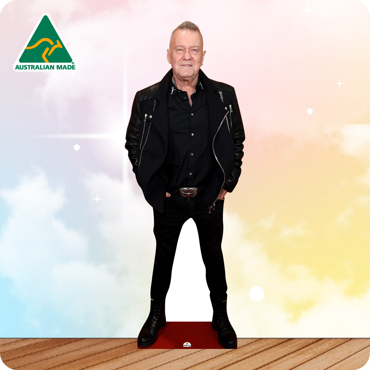 Cardboard cutout of a person in black attire with 'Australian Made' logo on a colorful background