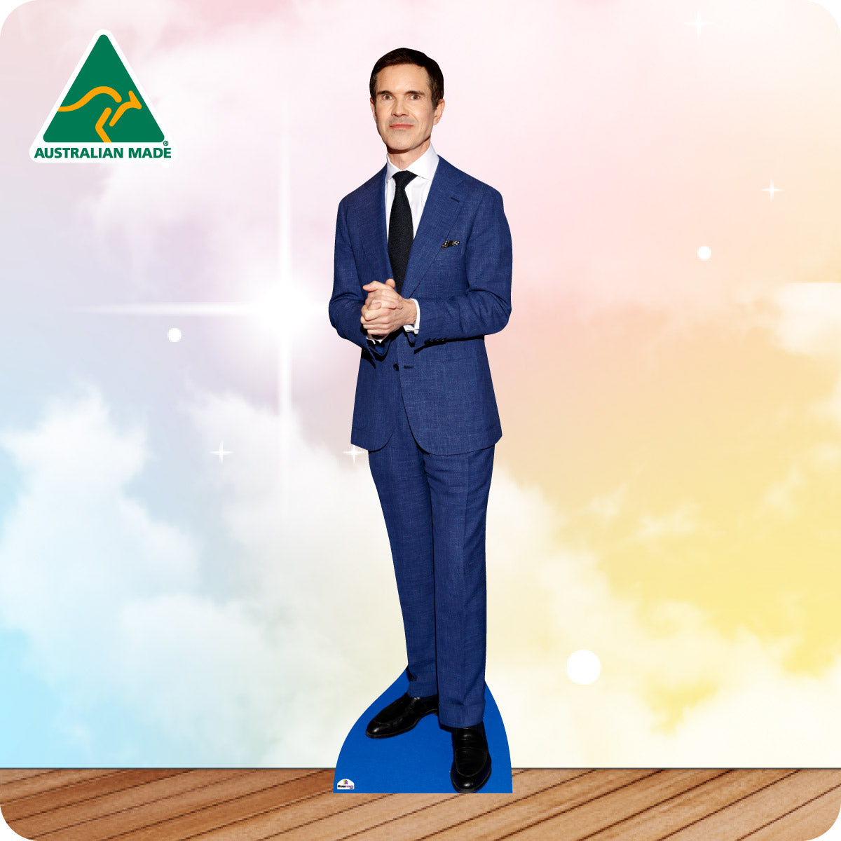 Cardboard cutout of a man in a blue suit with 'Australian Made' logo in the corner.