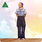 Person wearing a denim outfit with cargo pants on a colorful background, featuring 'Australian Made' logo.