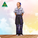 Person wearing a denim outfit with cargo pants on a colorful background, featuring 'Australian Made' logo.