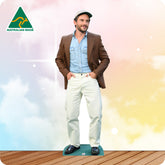 Cardboard cutout of a man with 'Australian Made' logo on a gradient background